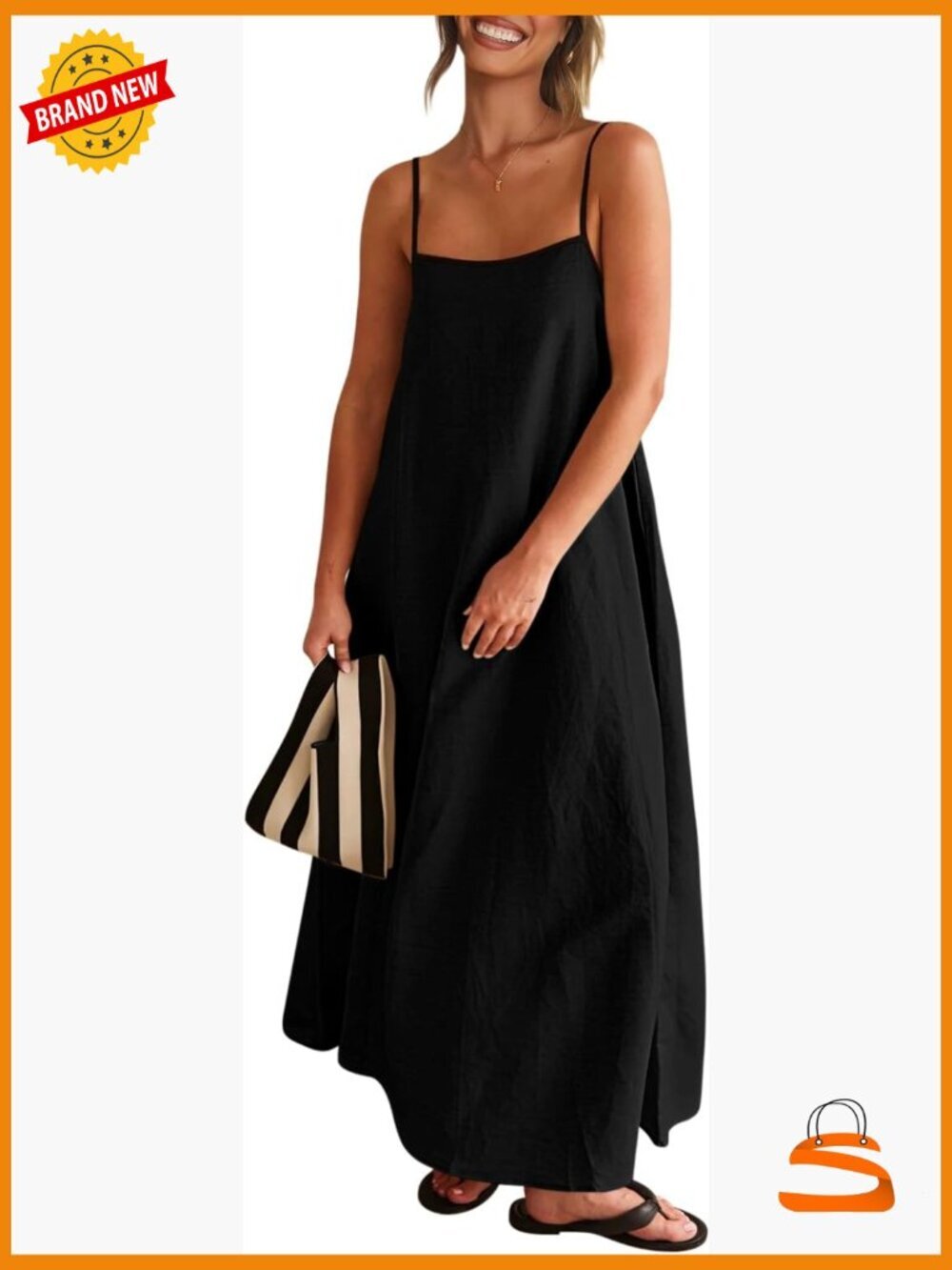 Linen Maxi Dress Spaghetti Strap Sleeveless Flowy Sundress Side Pockets